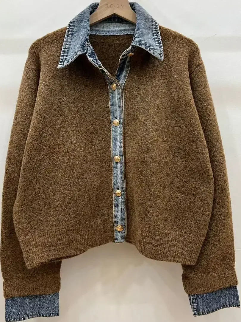 Chic Denim Collar Stitching Fake Two-Piece Sweater Women'S Cardigan New Single Breasted Knitted Jacket Coat Female Outwear