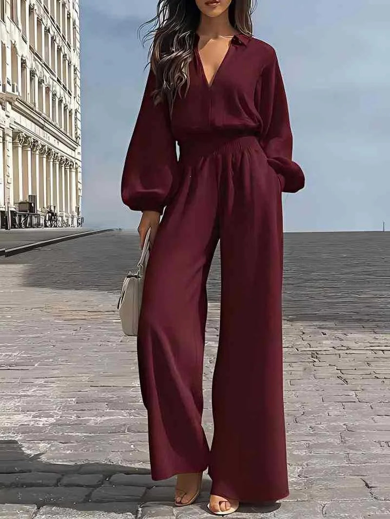 2026 Fashion Women Matching Set round Neck Puff Sleeve Blouse Top High Waist Wide Leg Pants Jumpsuit Trousers Set