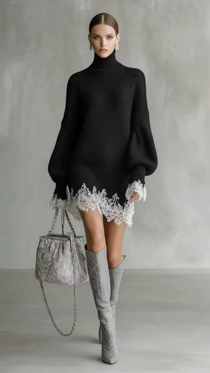 Elegant Lace Splice Loose Party Dress Fashion Turtleneck Hight Waist Knit Dress Fall Winter Casual Long Sleeve Solid Mini Dress