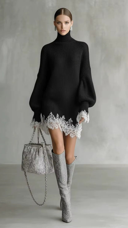 Elegant Lace Splice Loose Party Dress Fashion Turtleneck Hight Waist Knit Dress Fall Winter Casual Long Sleeve Solid Mini Dress