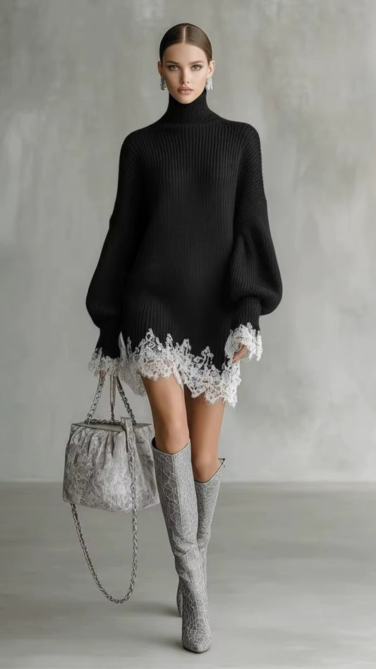 Elegant Lace Splice Loose Party Dress Fashion Turtleneck Hight Waist Knit Dress Fall Winter Casual Long Sleeve Solid Mini Dress