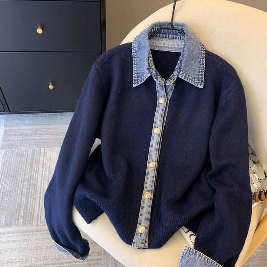 Chic Denim Collar Stitching Fake Two-Piece Sweater Women'S Cardigan New Single Breasted Knitted Jacket Coat Female Outwear