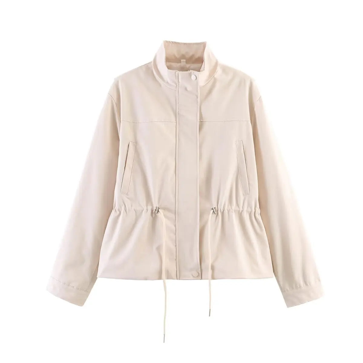 Women'S Jackets Autumn New Fashion Stand Neck Long Sleeve Drawstring Waist Coats Causal Female Simple Outerwear Chic Top