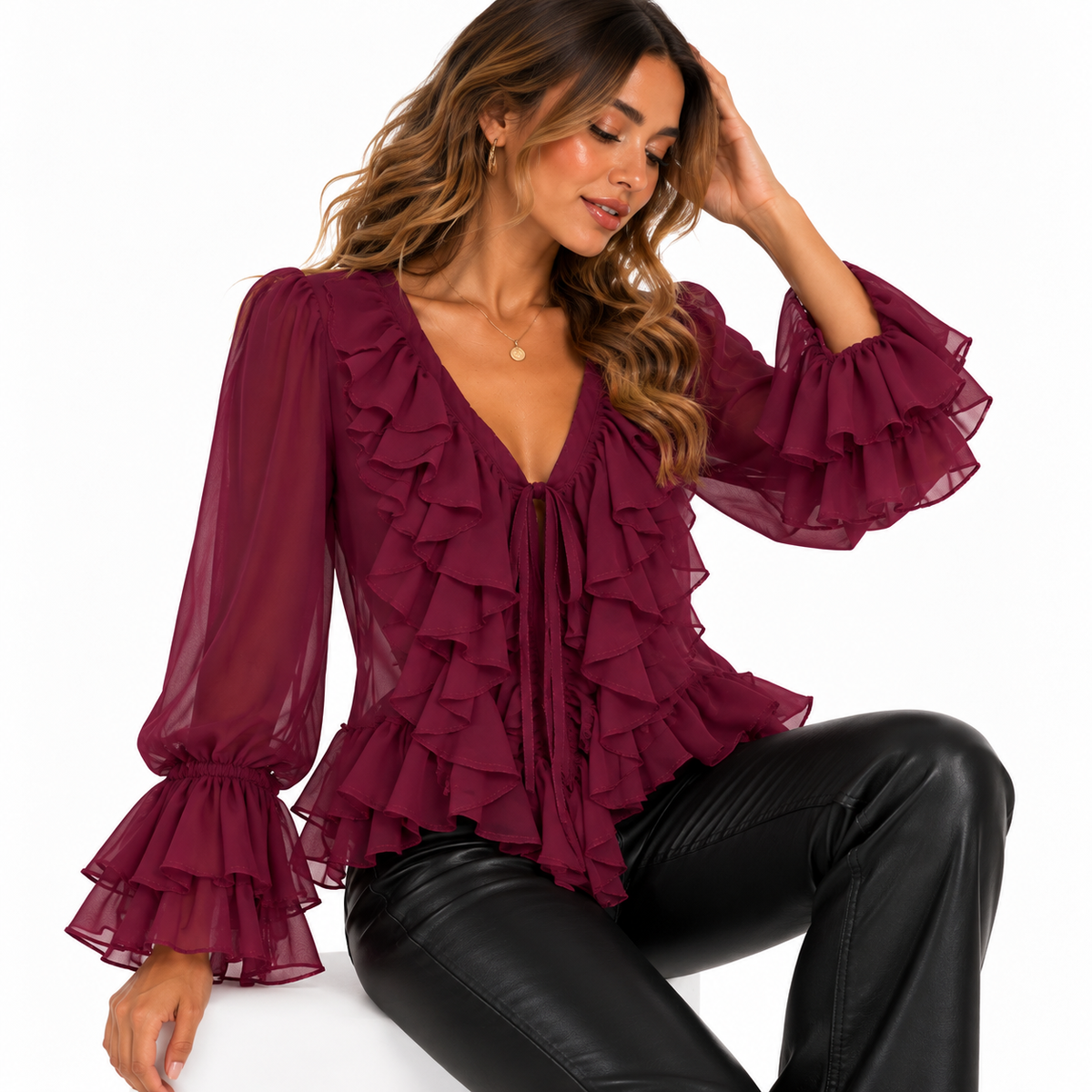 Purple-red ruffled blouse outfit photo