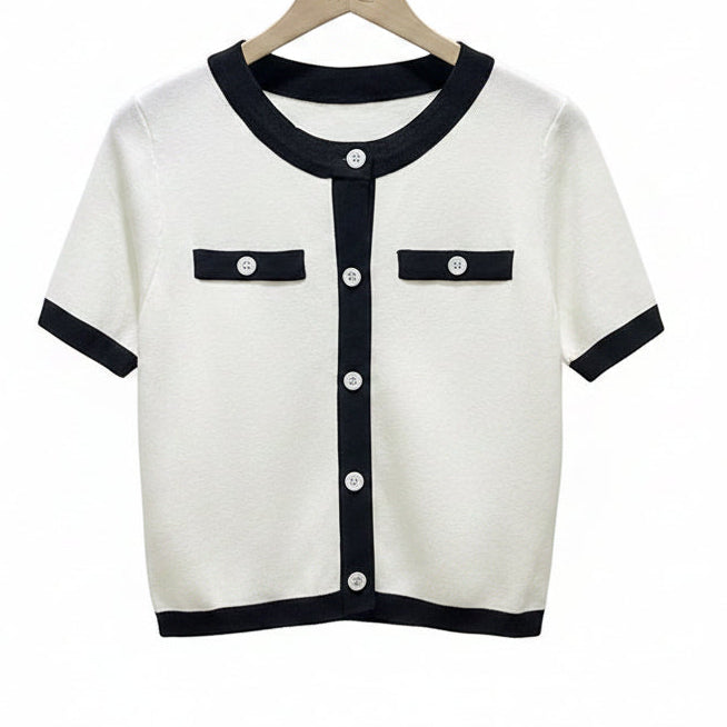 Loose Ice Silk Short Sleeve T-Shirt Women'S Summer New Style Small Fragrance Knitted Shirt round Neck Color Block Commute Style
