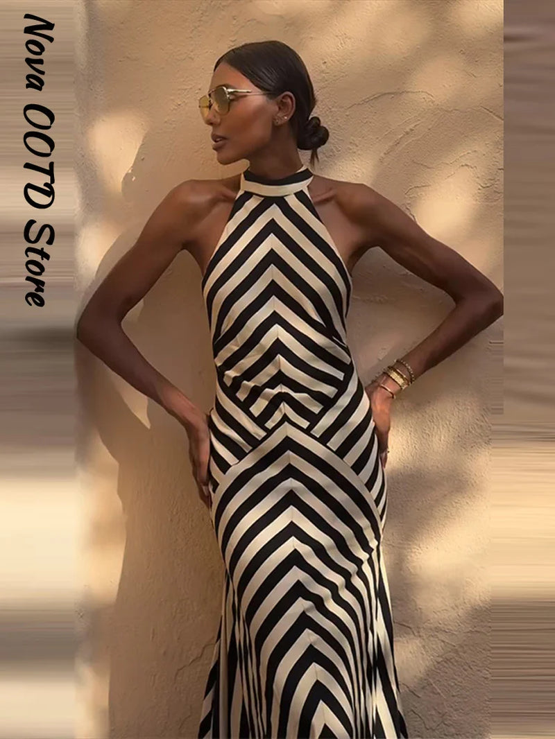 Backless Stripe Summer Dress Women Sleeveless Halter Long Casual Dresses Lady New Fashion Vacation Party Evening Robe 2026