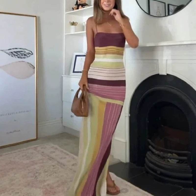 Lady Casual Straps Backless Beach Dress Fashion Stripe Sleeveless Dress Temperament Color Blocking Slim off Shoulder Slit Dress