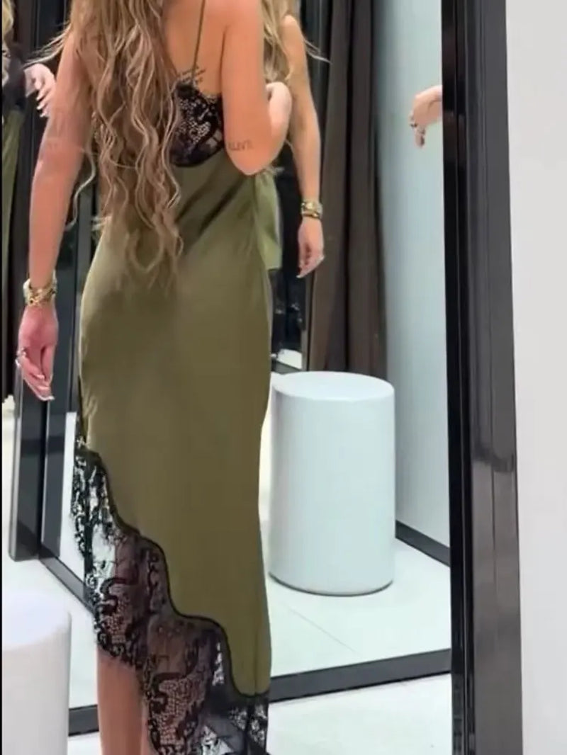 Women Fashion Lace Sling Midi Dress Sexy Backless Strapless Dresses Asymmetrical Hem Elegant Woman Club Party Evening Dress