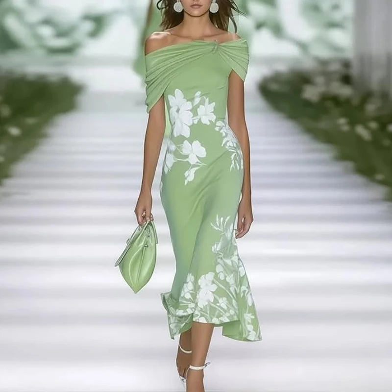 Elegant Floral Print Slim Boho Dress Woman Sexy Slash Neck Knot Hollow Party Dresses Spring Summer off Shoulder Long Dress Mujer