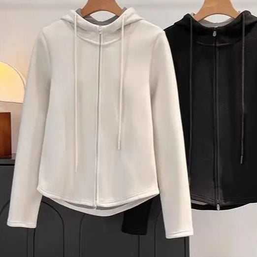 Women Slim Double Zipper Hoodie Autumn Winter Double-Sided Fleece Warm Long Sleeve Jacket Simple Solid Color Casual Outerwear