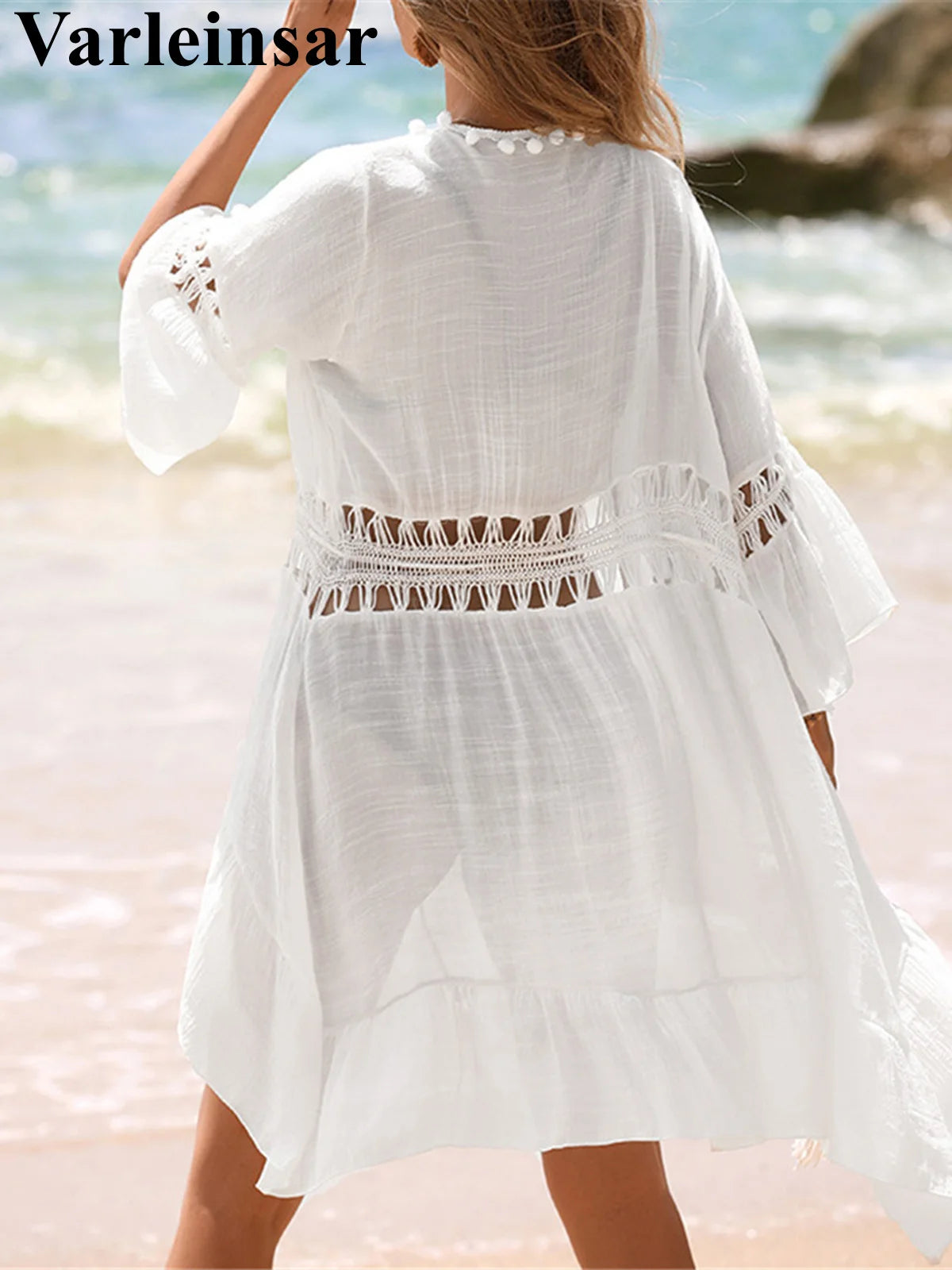 V Neck Half Sleeve Splicing Crochet Knitted Tunic Beach Cover up Cover-Ups Beach Dress Beach Wear Beachwear Female Women V7660