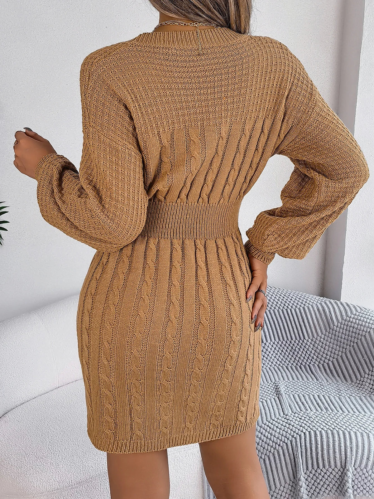 Autumn Winter Solid Color Woolen Dress O-Neck Lantern Long Sleeve Hollow Out Knitted Mini Dresses 2026 Fashion Woman Clothing