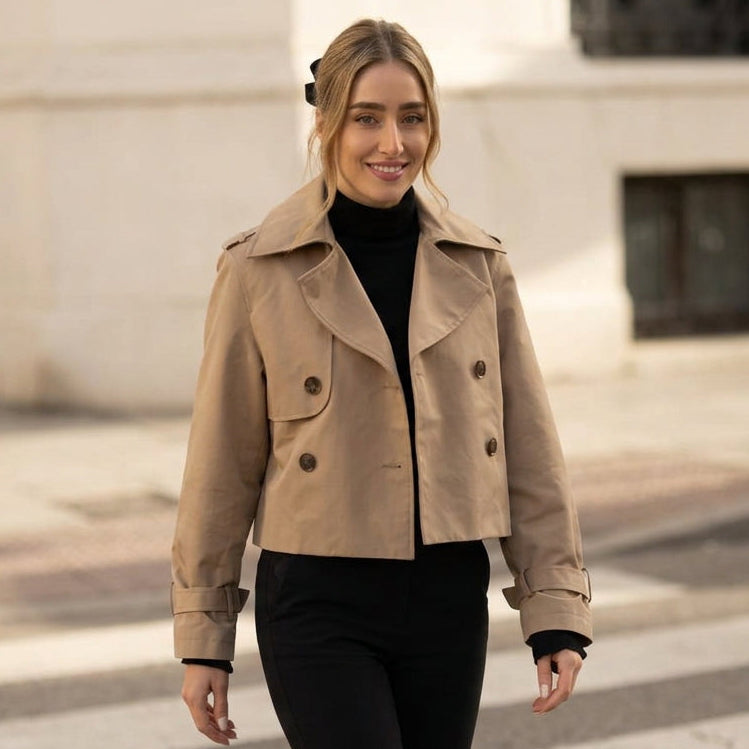 Ladies Vintage Cropped Trench Spring Autumn Jacket Women Streetwear Double Breasted Long Sleeve Top Female Chic Coat Outfits