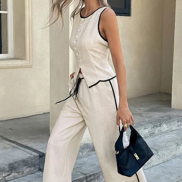 Women'S Contrast Sleeveless Button Vest & Drawstring Wide Leg Pants 2-Piece Set Summer Elegant Casual Streetwear Loose Suit