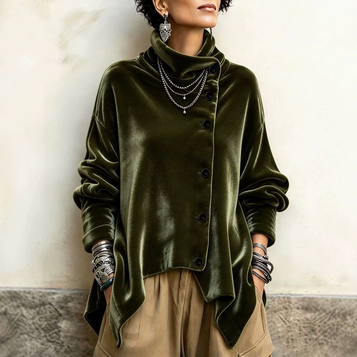 Women Velvet Irregular Hem Jackets High Neck Long Sleeve Button down Loose Coats Casual Fall Winter Vintage Streetwear Outerwear