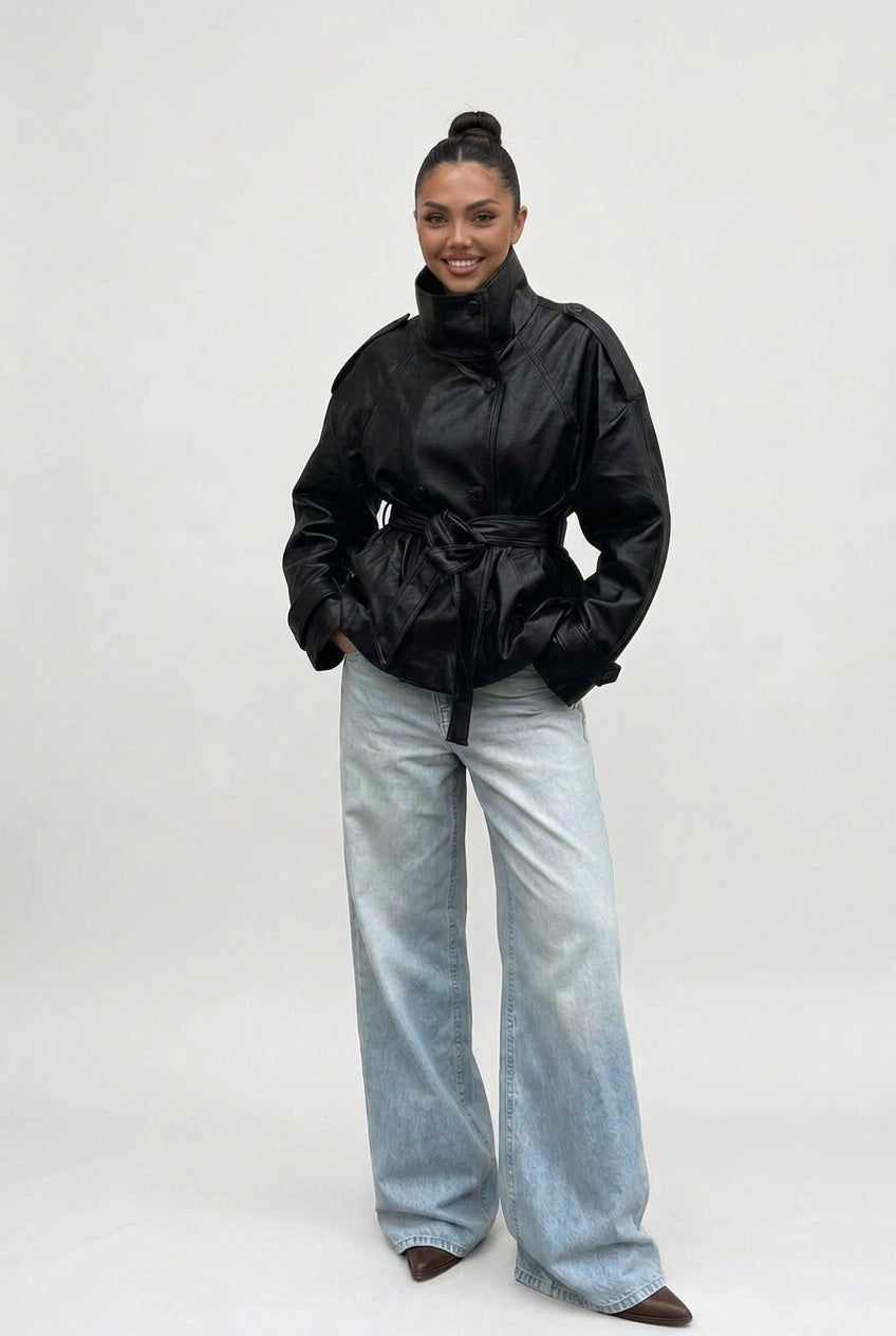 Fall New Arrival Women'S High Collar Long Sleeve Double Breasted Belted Short Length Coat French Style Loose Fit Polyester