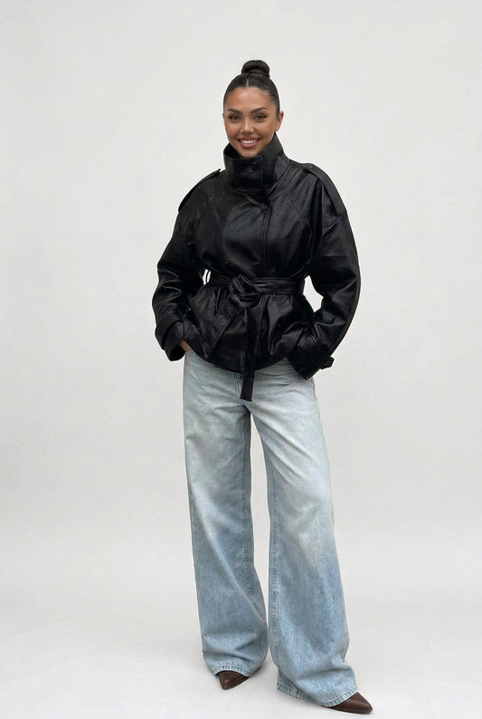 Fall New Arrival Women'S High Collar Long Sleeve Double Breasted Belted Short Length Coat French Style Loose Fit Polyester
