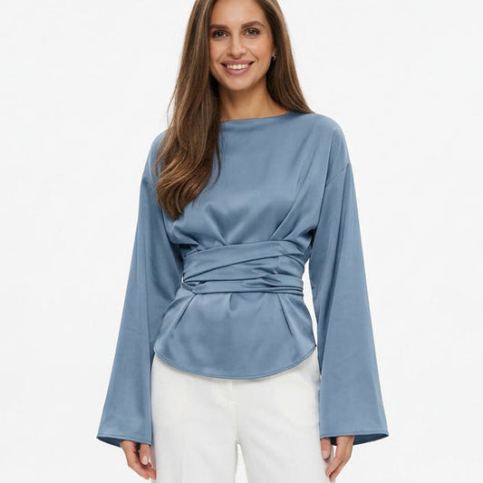 Elegant Brown Satin Cross Blouse Woman Street Chic O Neck Pullover Tops Female 2025 Vintage Silk Long Sleeve Shirts Autumn