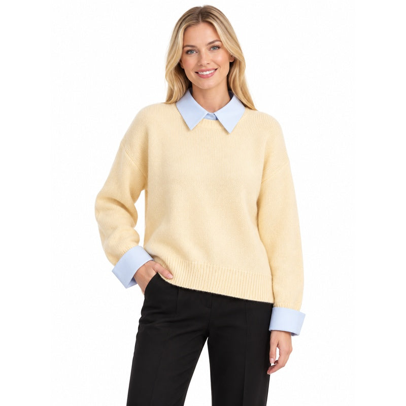 Apricot faux-layer collar knit sweater front on blonde model