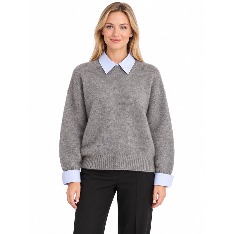 Grey faux-layer collar knit sweater front on blonde model