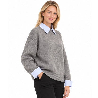 Grey faux-layer collar knit sweater angled side view