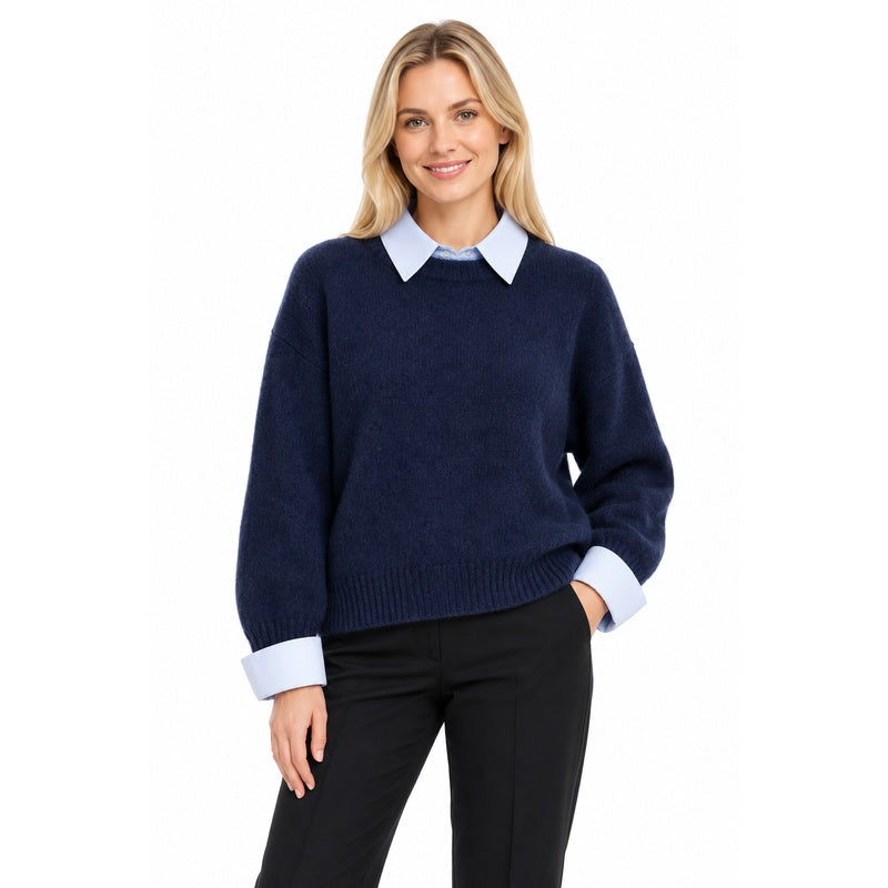 Navy faux-layer collar knit sweater front on blonde model