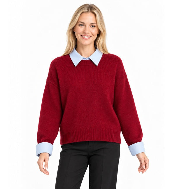 Red faux-layer collar knit sweater front on blonde model