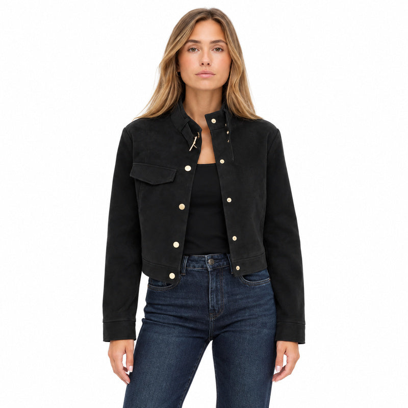 Faux Suedet Jacket — black front on blonde model