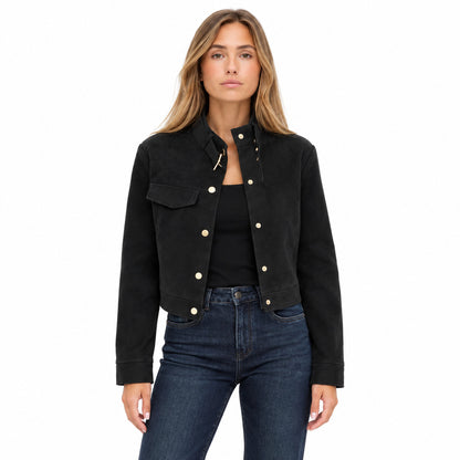 Faux Suedet Jacket — black front on blonde model