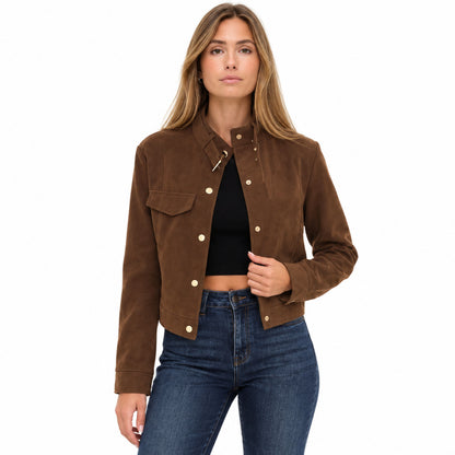 Faux Suedet Jacket — brown front on blonde model