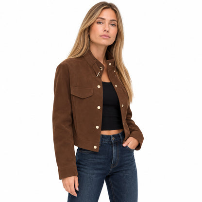 Faux Suedet Jacket — brown side on blonde model
