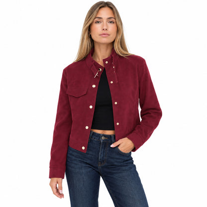 Faux Suedet Jacket — burgundy front on blonde model