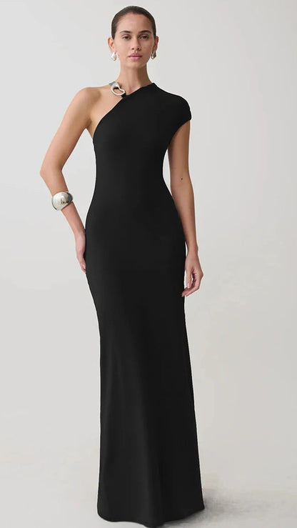 Sexy One Shoulder High Slit Women Maxi Dress Sleeveless Metal Button Dress Autumn Slim Elegant Party Club Dress 2026
