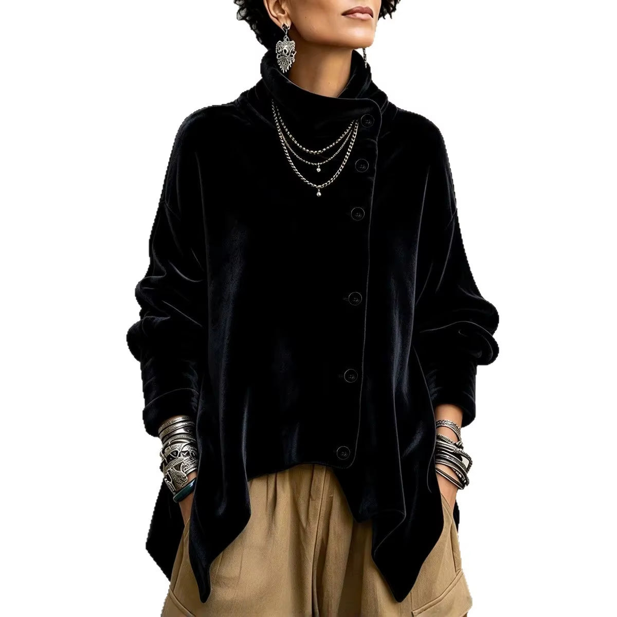 Women Velvet Irregular Hem Jackets High Neck Long Sleeve Button down Loose Coats Casual Fall Winter Vintage Streetwear Outerwear