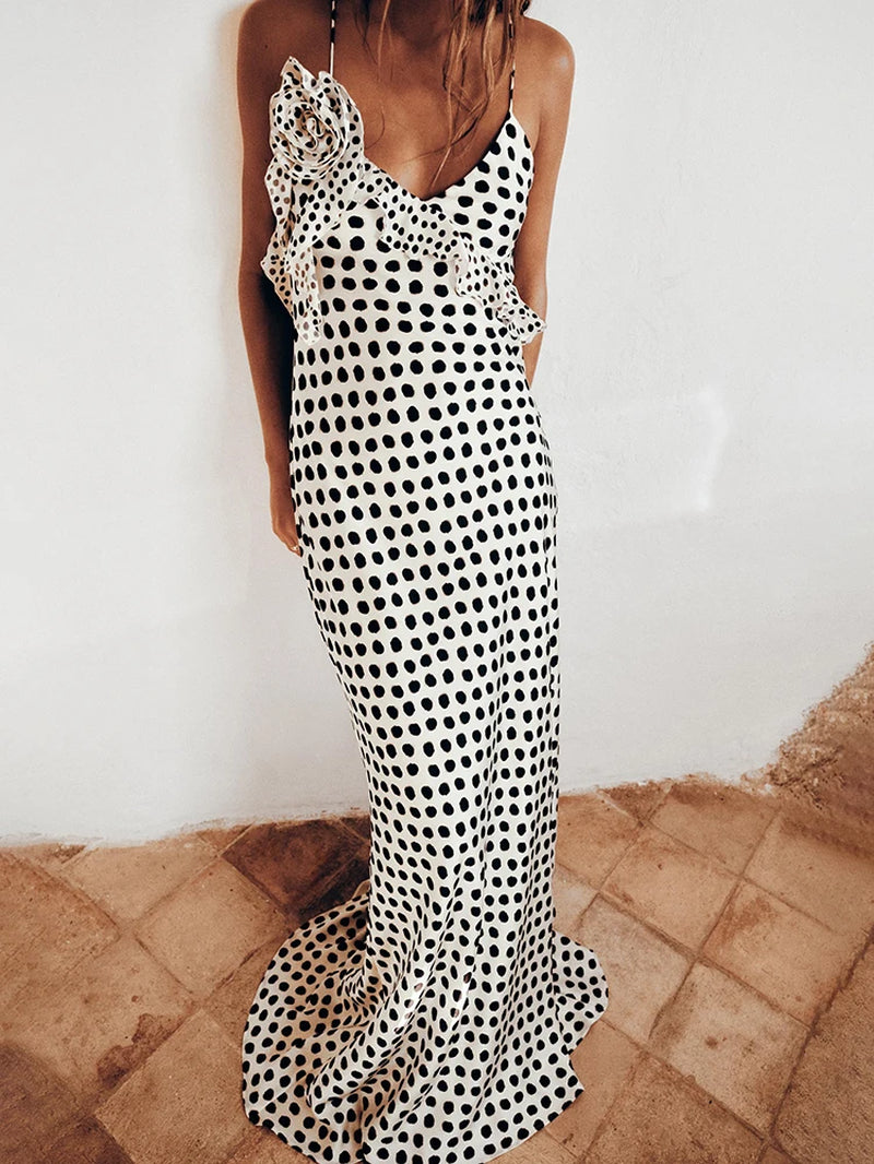 Sexy Backless Print Dots Flower Women Maxi Dress Spaghetti Strap Evening Dress Autumn Skinny Elegant Party Clubwear