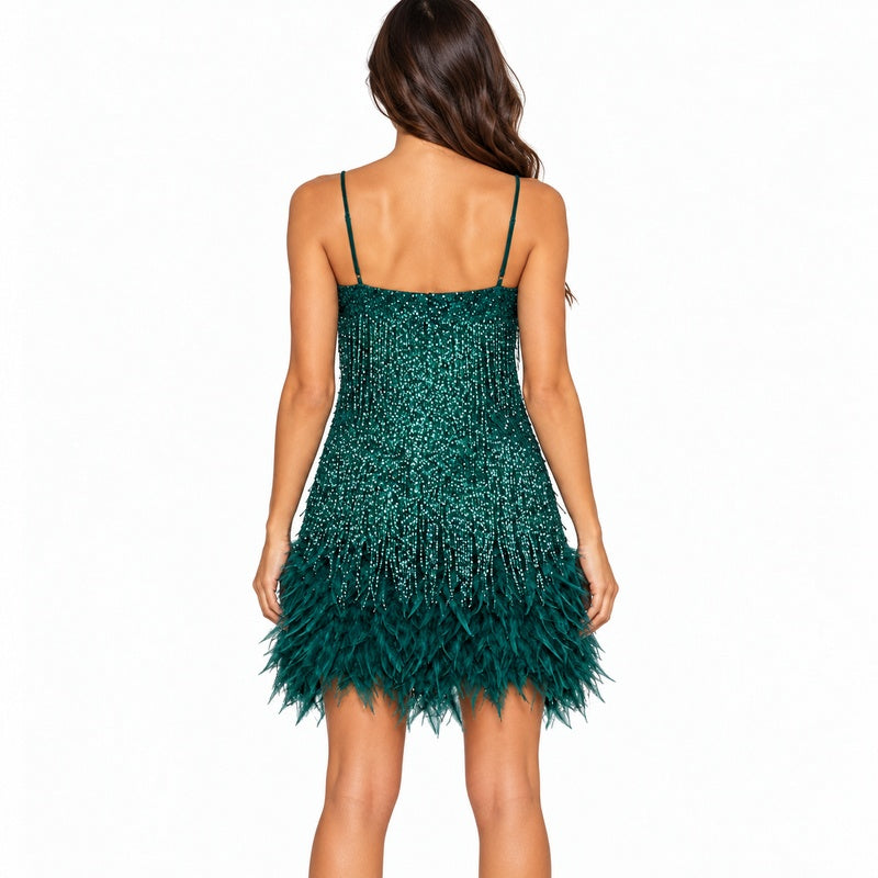 Dark green feather-trim sequin mini dress, AI-generated back view