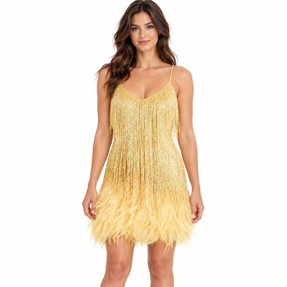 gold sequin tassel feather mini dress, white studio front view