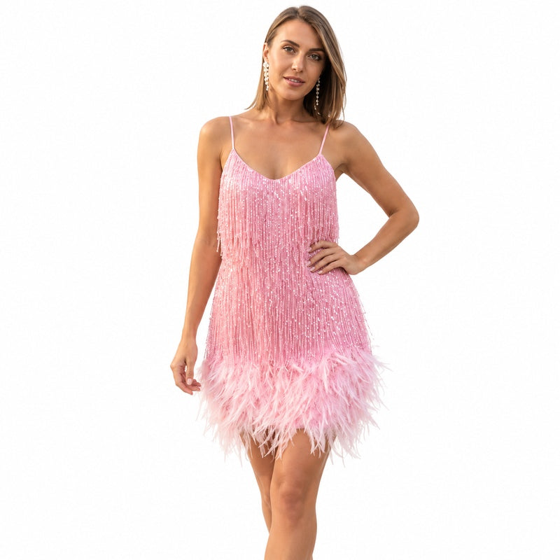 pink sequin tassel feather mini dress, white studio front view