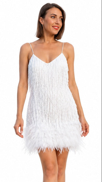 White sequin tassel feather mini dress, full-length studio portrait