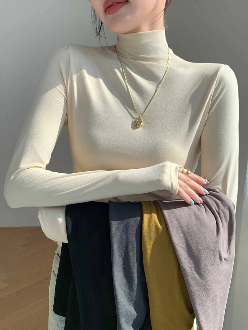 1Pc Women'S Thermal Underwear Autumn Winter Warm Long-Sleeved T-Shirt Pile Collar Clothing High Collar Slim Casual Knitwears