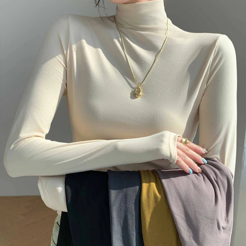 1Pc Women'S Thermal Underwear Autumn Winter Warm Long-Sleeved T-Shirt Pile Collar Clothing High Collar Slim Casual Knitwears