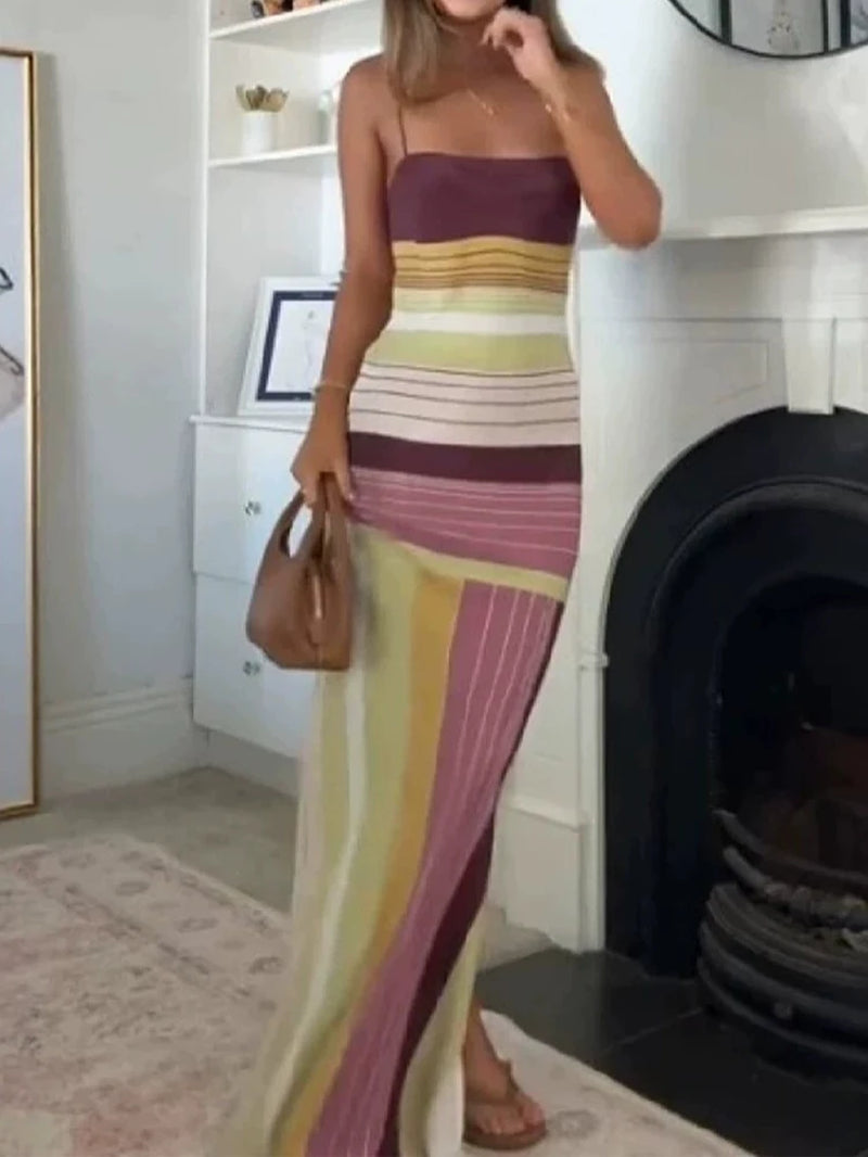 Lady Casual Straps Backless Beach Dress Fashion Stripe Sleeveless Dress Temperament Color Blocking Slim off Shoulder Slit Dress