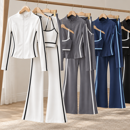 Four tracksuit colours arranged on wooden hangers on a clothing rack