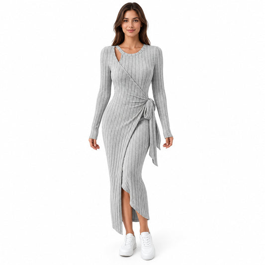 Grey knitted wrap dress full-length front on white