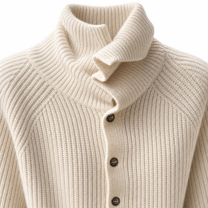 High-neck knitted cardigan collar, ribbing and button detail