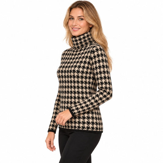 Khaki houndstooth roll-neck jumper angled side view