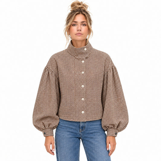 Houndstooth Zip-Up Jacket — fastened on blonde model with messy bun