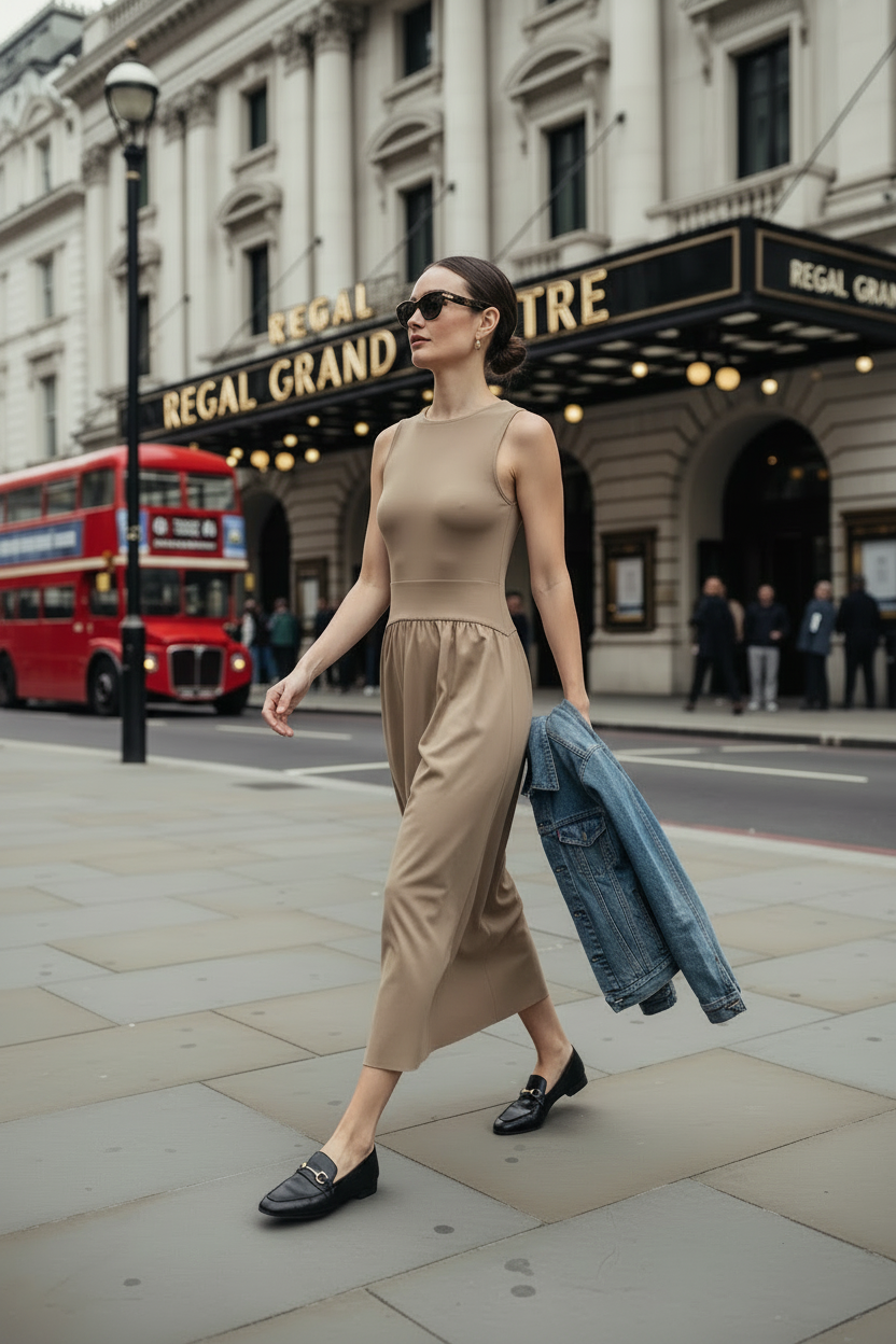 Lady in beige dress with denim jacket on right arm
