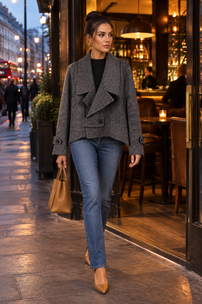 Model wearing the coat on Oxford Street