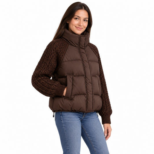 Brown cable knit padded parka angled side on brunette model